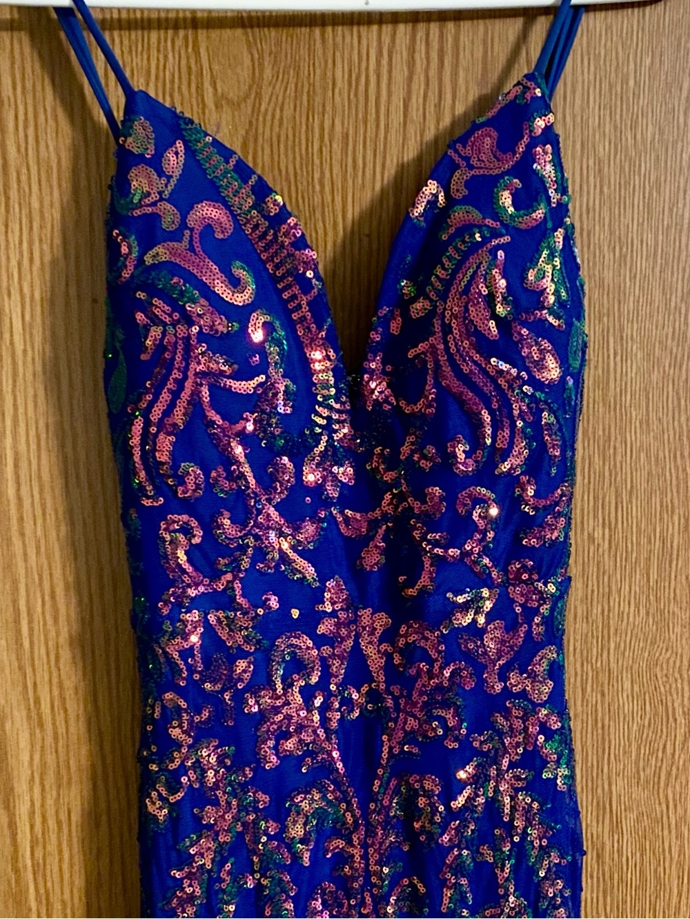 Blue & Sequin V-Neck Spaghetti Strap Prom Dress - Picture 2 of 3